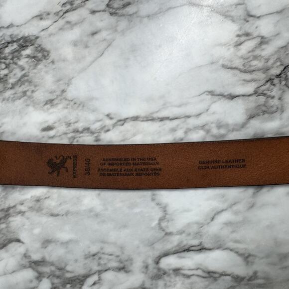 Express Brown Genuine Leather Made in USA Mens Size 38 40 Work Belt Silver Tone - Picture 2 of 12